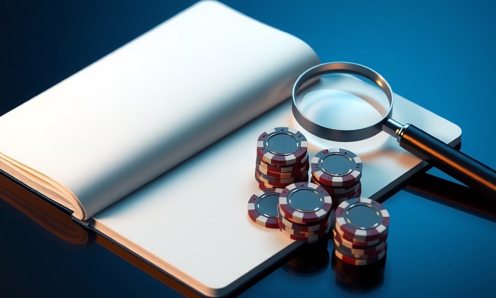 Online Casino India editorial desk with a notebook, magnifying glass and gaming chips