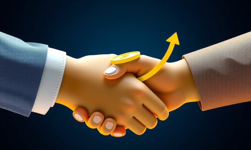 Online Casino India affiliate program page with hands shaking with rising bar chart and gold coins