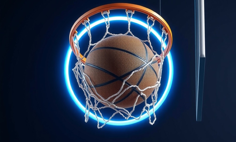 Online Casino India basketball betting page with basketball dropping through a hoop with glowing net