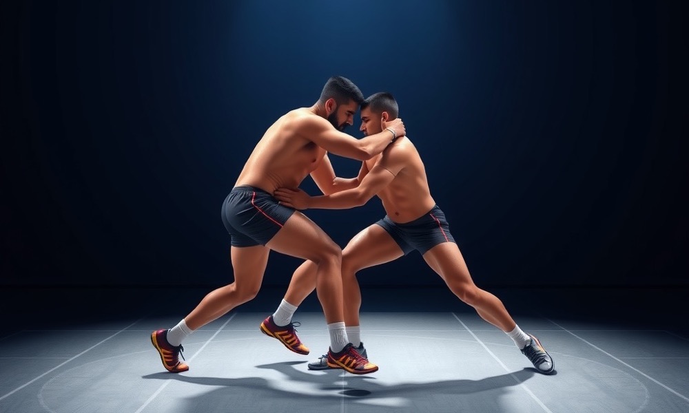 Online Casino India kabaddi betting page with athletic kabaddi players grappling on a mat in an arena