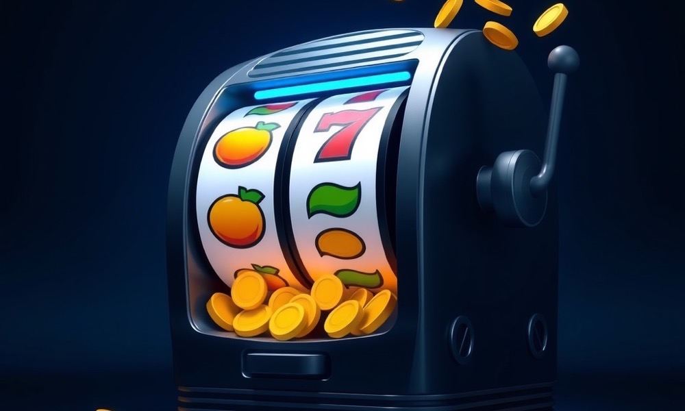 Online Casino India online slots page with slot machine with three reels of fruit symbols and bursting gold coins