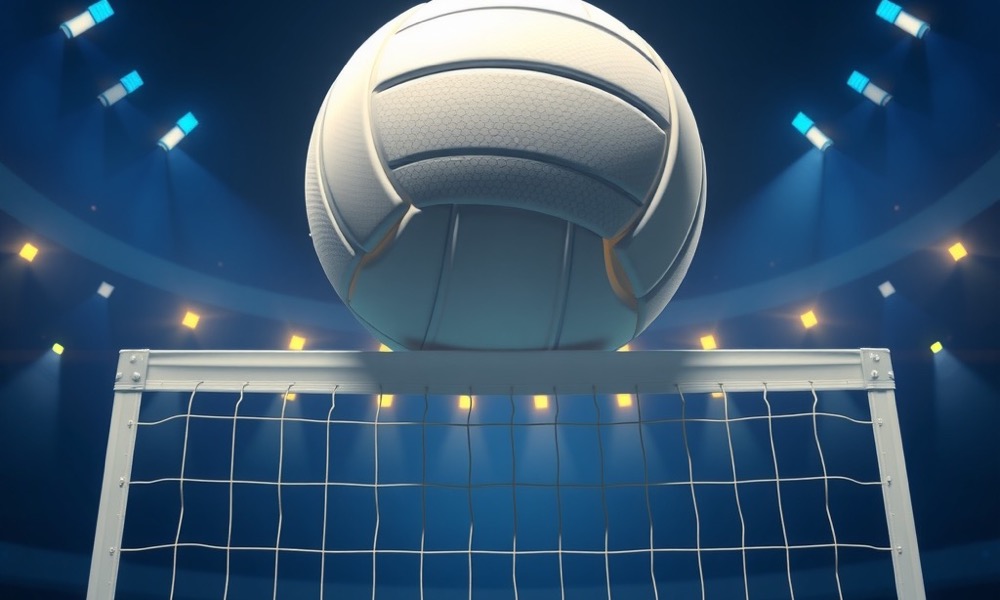 Online Casino India volleyball betting page with volleyball above a net in an indoor arena